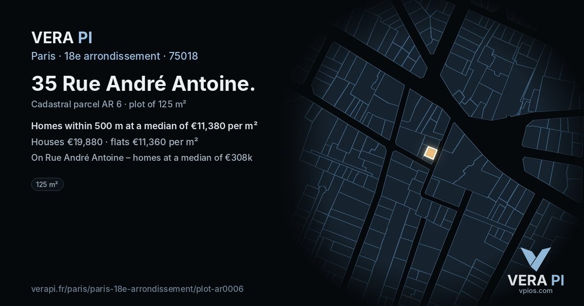 35 Rue André Antoine, 18e arrondissement at night – the plot lit, the parcels around coloured by the prices near them