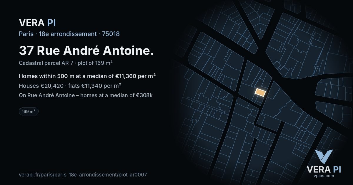 37 Rue André Antoine, 18e arrondissement at night – the plot lit, the parcels around coloured by the prices near them