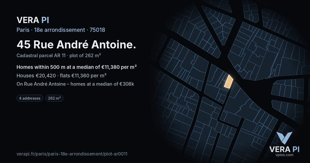 45 Rue André Antoine, 18e arrondissement at night – the plot lit, the parcels around coloured by the prices near them