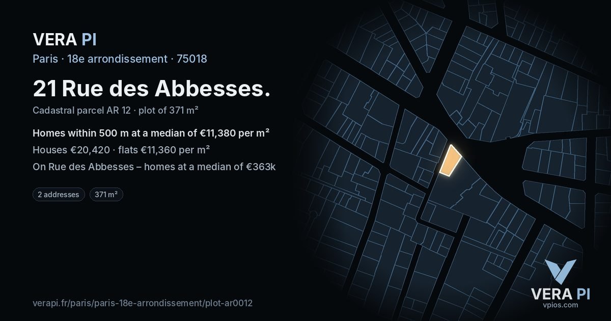 21 Rue des Abbesses, 18e arrondissement at night – the plot lit, the parcels around coloured by the prices near them