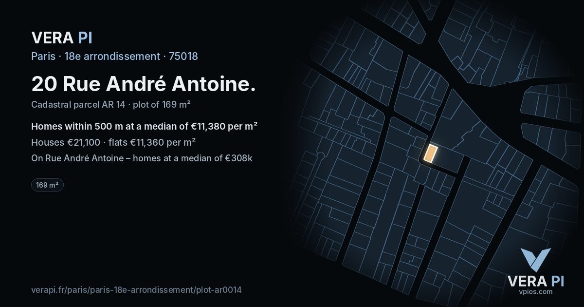 20 Rue André Antoine, 18e arrondissement at night – the plot lit, the parcels around coloured by the prices near them