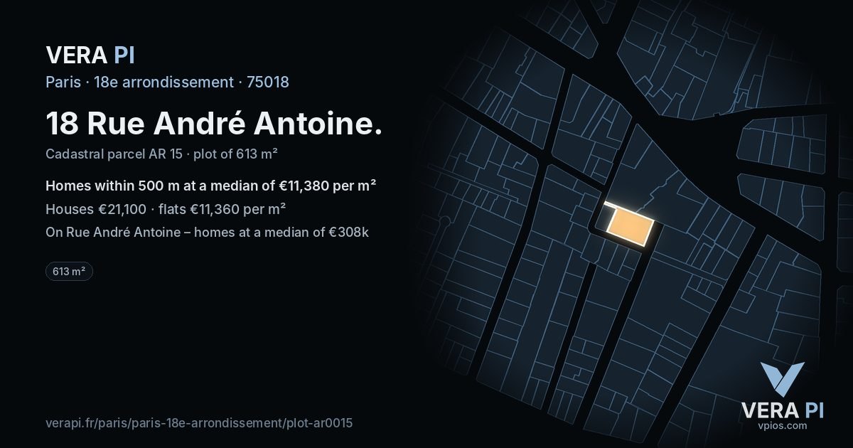 18 Rue André Antoine, 18e arrondissement at night – the plot lit, the parcels around coloured by the prices near them