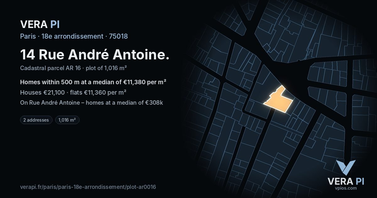 14 Rue André Antoine, 18e arrondissement at night – the plot lit, the parcels around coloured by the prices near them