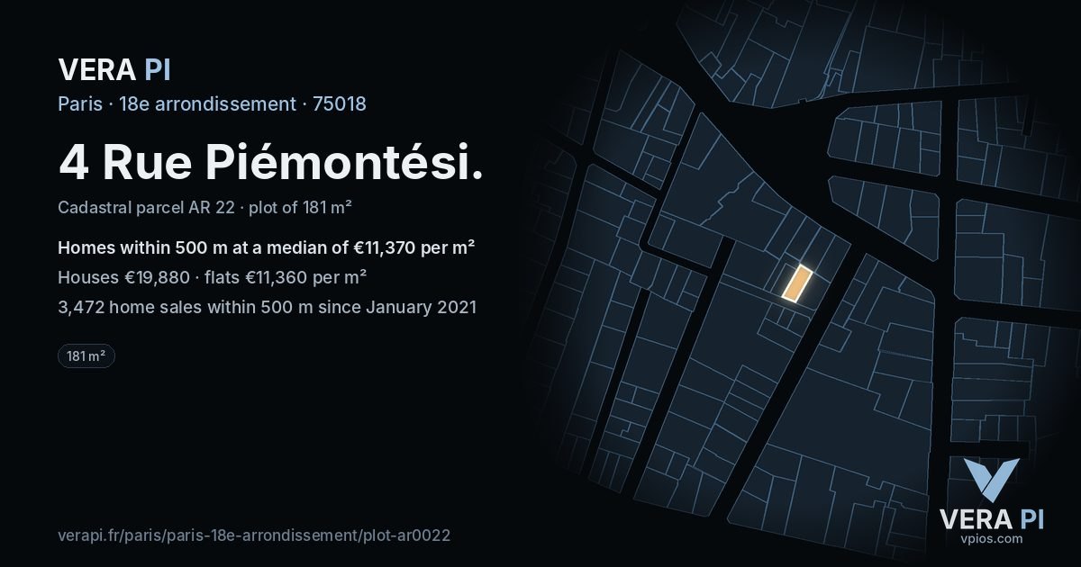 4 Rue Piémontési, 18e arrondissement at night – the plot lit, the parcels around coloured by the prices near them