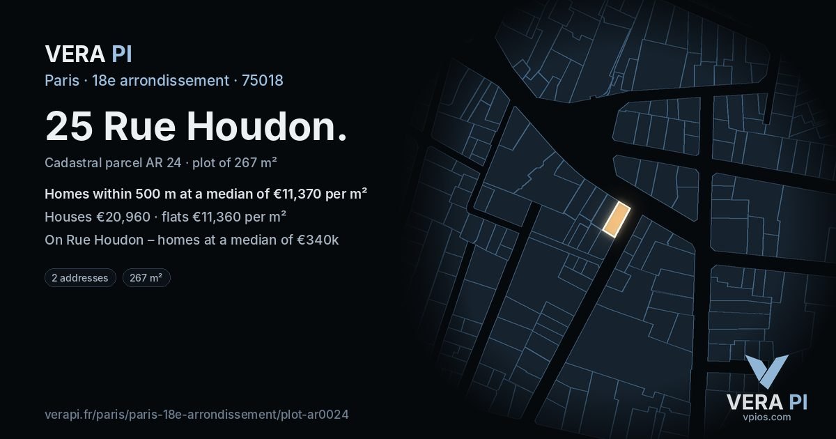 25 Rue Houdon, 18e arrondissement at night – the plot lit, the parcels around coloured by the prices near them