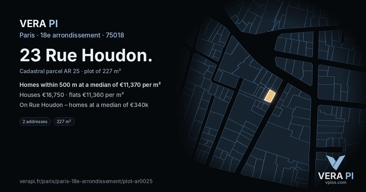 23 Rue Houdon, 18e arrondissement at night – the plot lit, the parcels around coloured by the prices near them