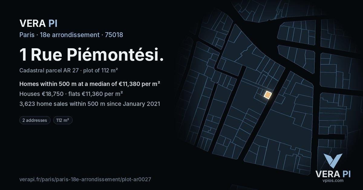 1 Rue Piémontési, 18e arrondissement at night – the plot lit, the parcels around coloured by the prices near them
