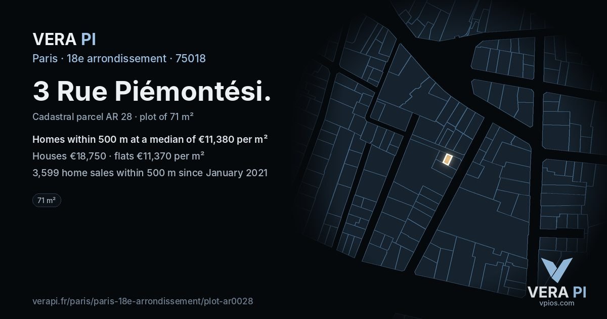 3 Rue Piémontési, 18e arrondissement at night – the plot lit, the parcels around coloured by the prices near them