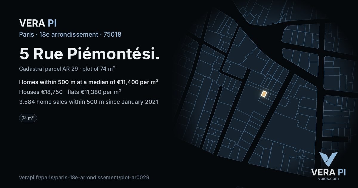 5 Rue Piémontési, 18e arrondissement at night – the plot lit, the parcels around coloured by the prices near them