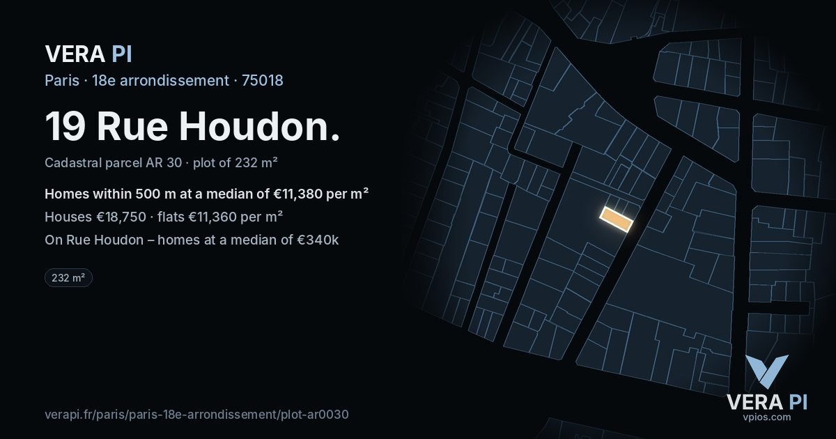 19 Rue Houdon, 18e arrondissement at night – the plot lit, the parcels around coloured by the prices near them