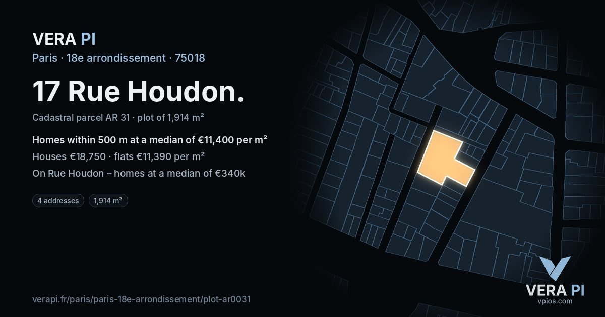 17 Rue Houdon, 18e arrondissement at night – the plot lit, the parcels around coloured by the prices near them