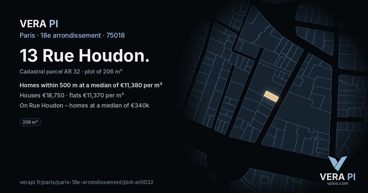 13 Rue Houdon, 18e arrondissement at night – the plot lit, the parcels around coloured by the prices near them