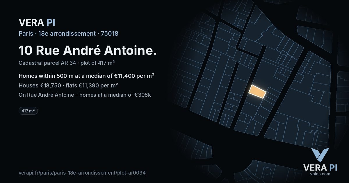 10 Rue André Antoine, 18e arrondissement at night – the plot lit, the parcels around coloured by the prices near them