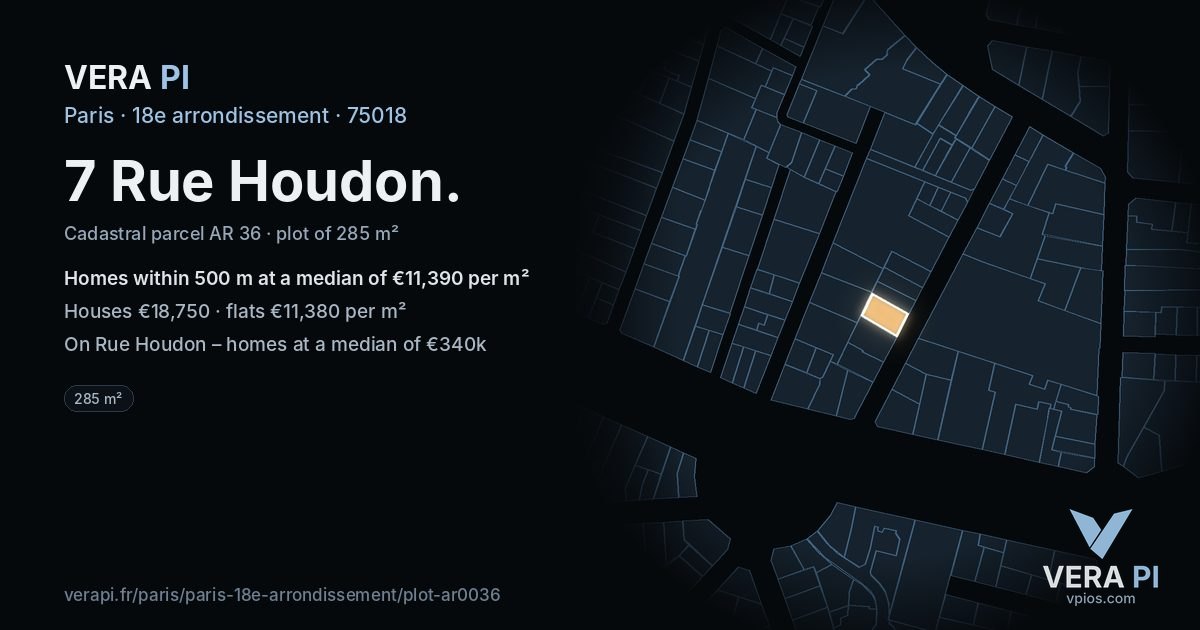 7 Rue Houdon, 18e arrondissement at night – the plot lit, the parcels around coloured by the prices near them