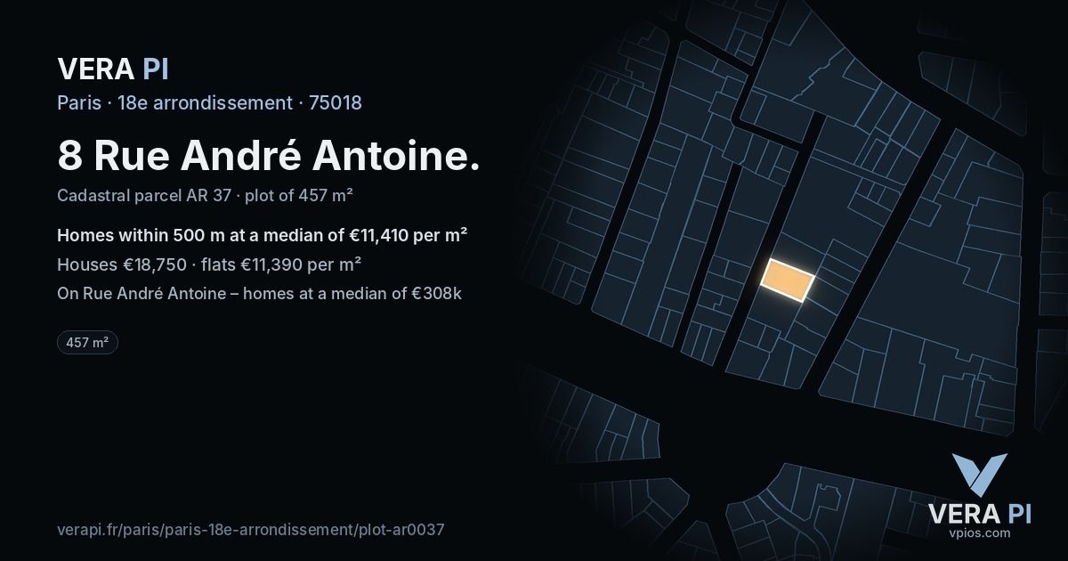 8 Rue André Antoine, 18e arrondissement at night – the plot lit, the parcels around coloured by the prices near them