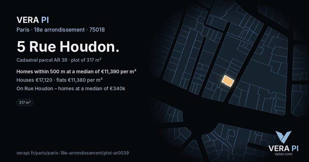 5 Rue Houdon, 18e arrondissement at night – the plot lit, the parcels around coloured by the prices near them