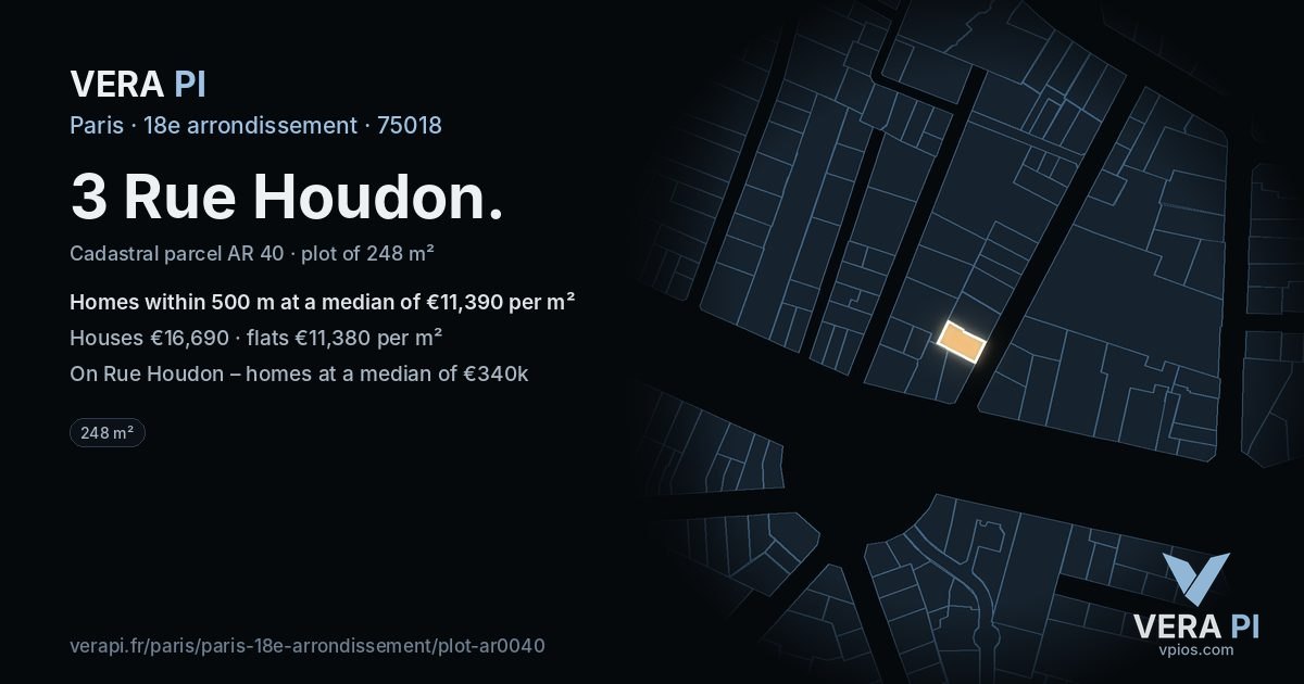 3 Rue Houdon, 18e arrondissement at night – the plot lit, the parcels around coloured by the prices near them