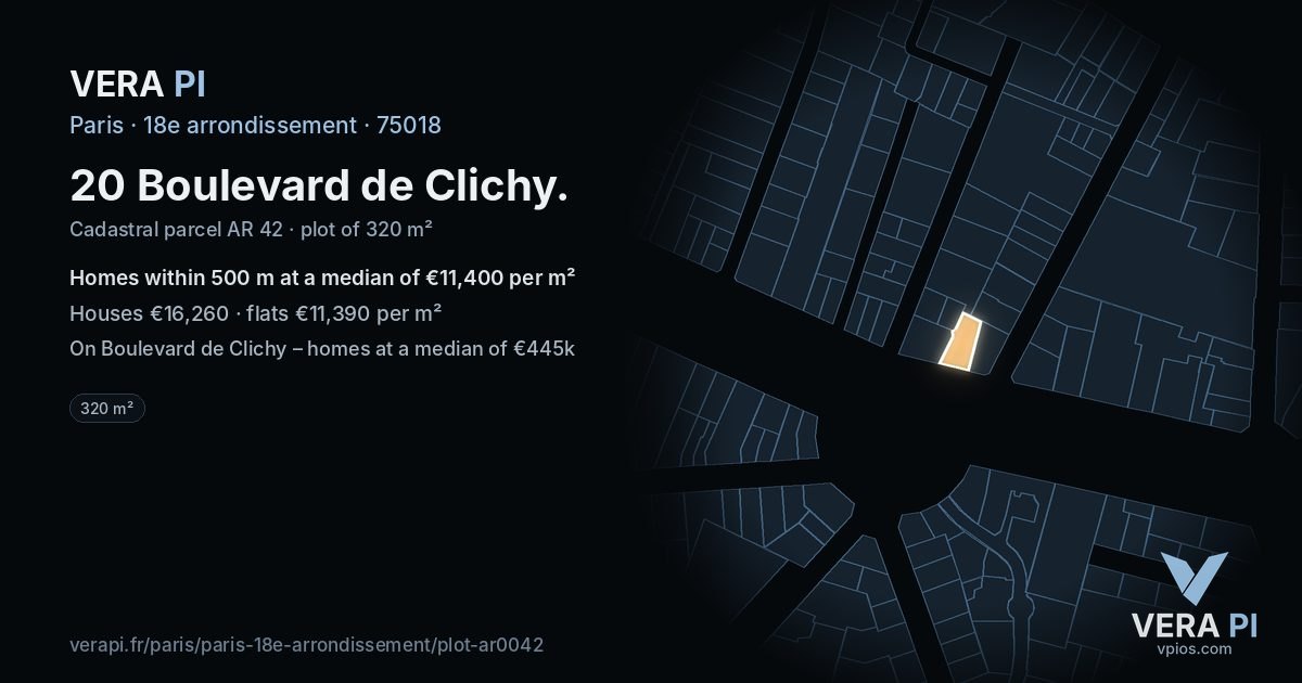 20 Boulevard de Clichy, 18e arrondissement at night – the plot lit, the parcels around coloured by the prices near them
