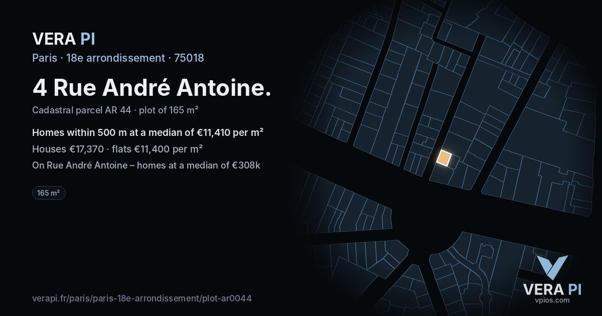 4 Rue André Antoine, 18e arrondissement at night – the plot lit, the parcels around coloured by the prices near them