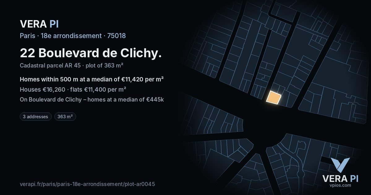 22 Boulevard de Clichy, 18e arrondissement at night – the plot lit, the parcels around coloured by the prices near them
