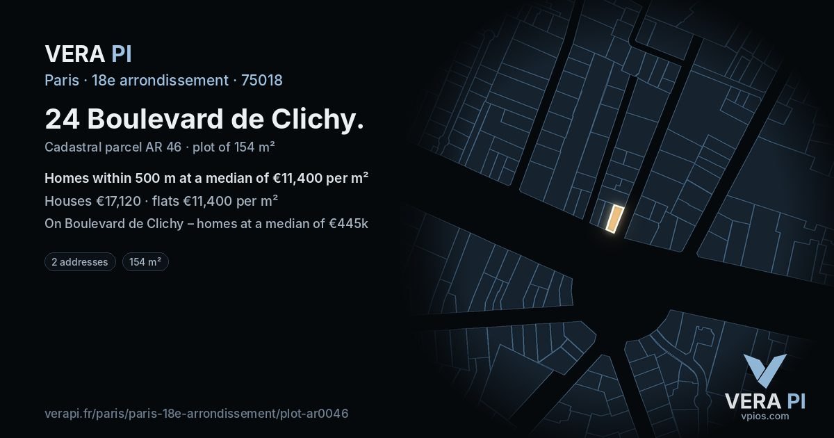 24 Boulevard de Clichy, 18e arrondissement at night – the plot lit, the parcels around coloured by the prices near them