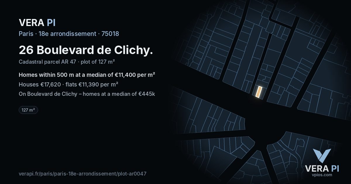 26 Boulevard de Clichy, 18e arrondissement at night – the plot lit, the parcels around coloured by the prices near them