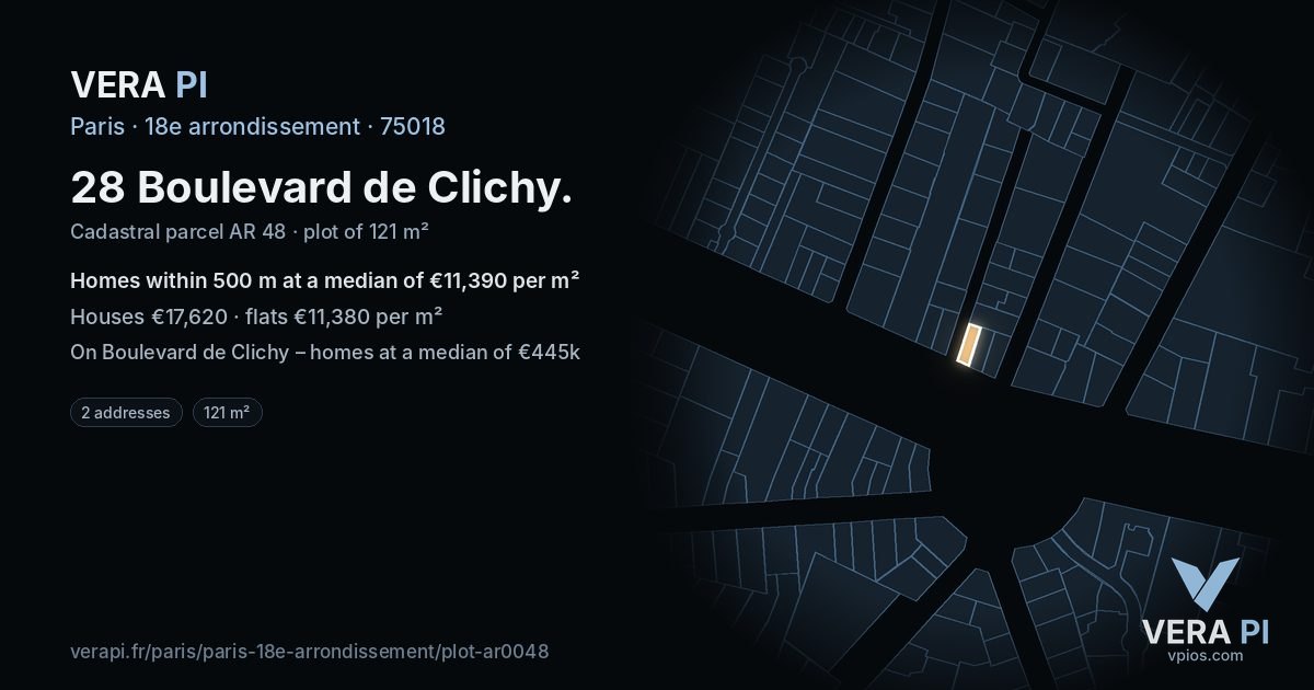 28 Boulevard de Clichy, 18e arrondissement at night – the plot lit, the parcels around coloured by the prices near them