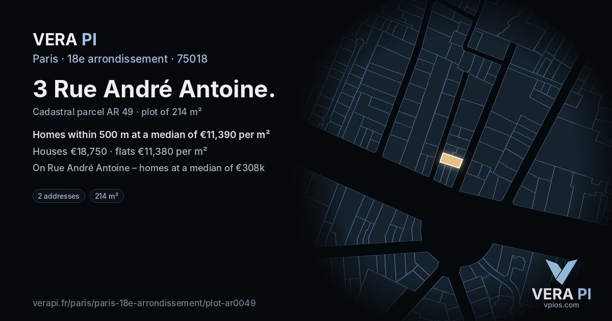 3 Rue André Antoine, 18e arrondissement at night – the plot lit, the parcels around coloured by the prices near them