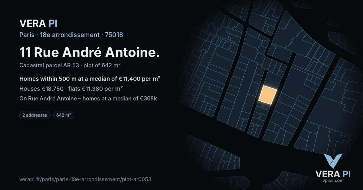 11 Rue André Antoine, 18e arrondissement at night – the plot lit, the parcels around coloured by the prices near them