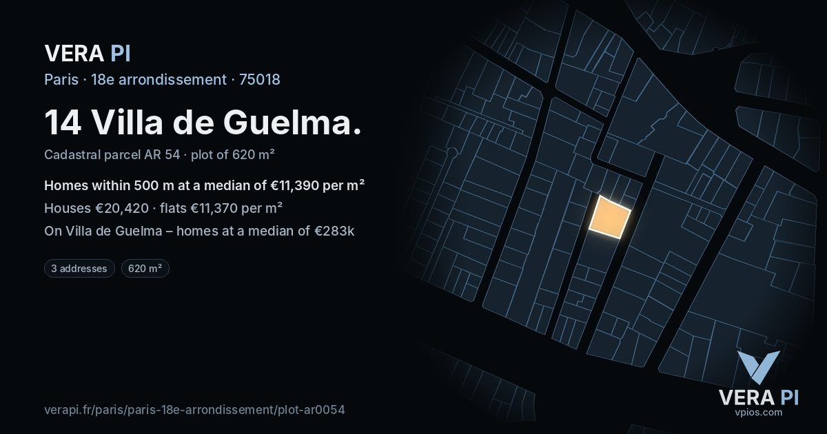 14 Villa de Guelma, 18e arrondissement at night – the plot lit, the parcels around coloured by the prices near them