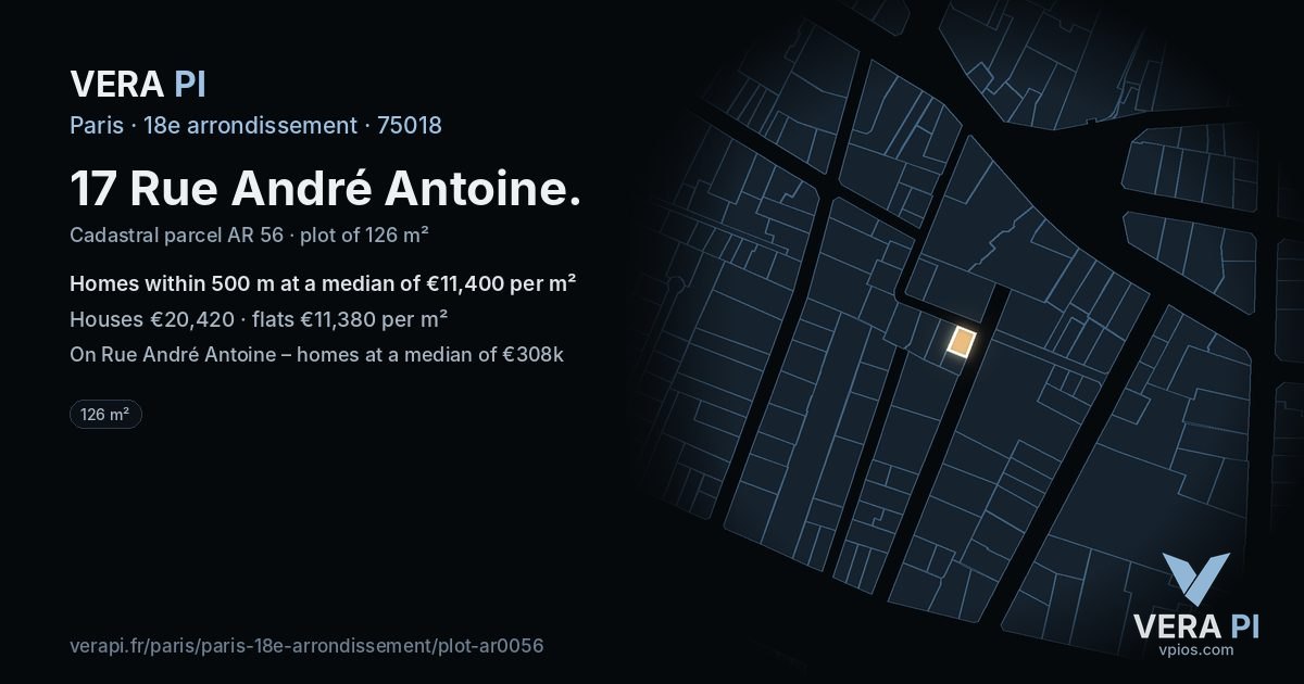 17 Rue André Antoine, 18e arrondissement at night – the plot lit, the parcels around coloured by the prices near them