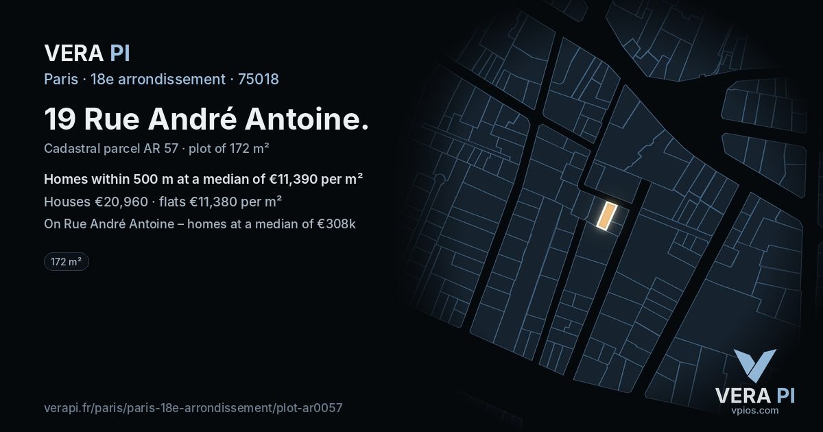 19 Rue André Antoine, 18e arrondissement at night – the plot lit, the parcels around coloured by the prices near them
