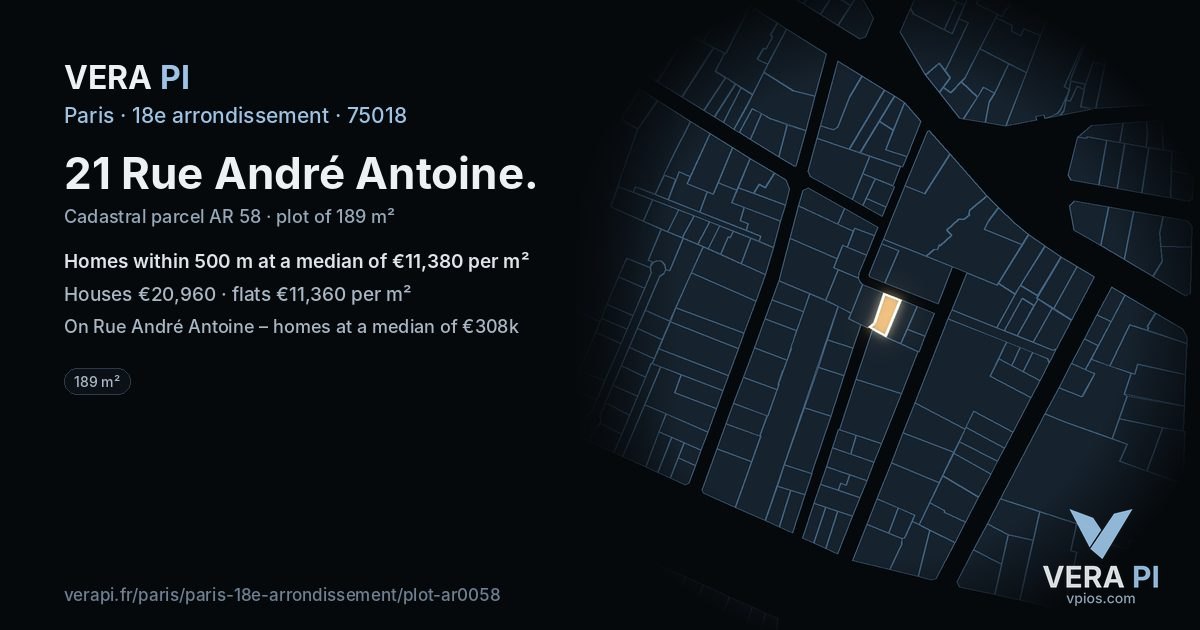 21 Rue André Antoine, 18e arrondissement at night – the plot lit, the parcels around coloured by the prices near them