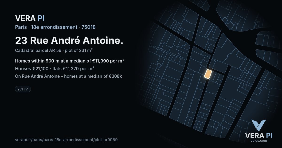 23 Rue André Antoine, 18e arrondissement at night – the plot lit, the parcels around coloured by the prices near them