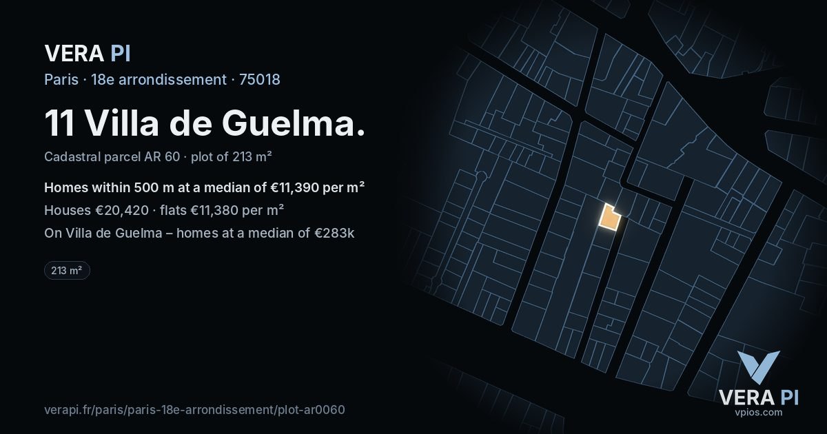 11 Villa de Guelma, 18e arrondissement at night – the plot lit, the parcels around coloured by the prices near them
