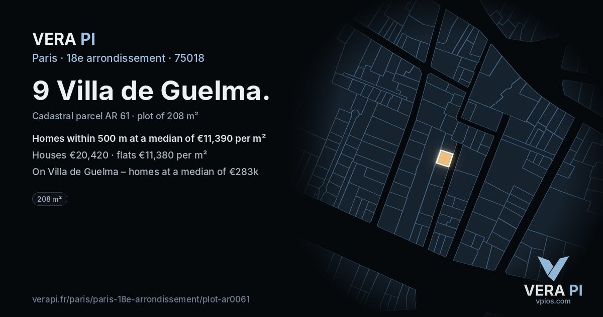 9 Villa de Guelma, 18e arrondissement at night – the plot lit, the parcels around coloured by the prices near them