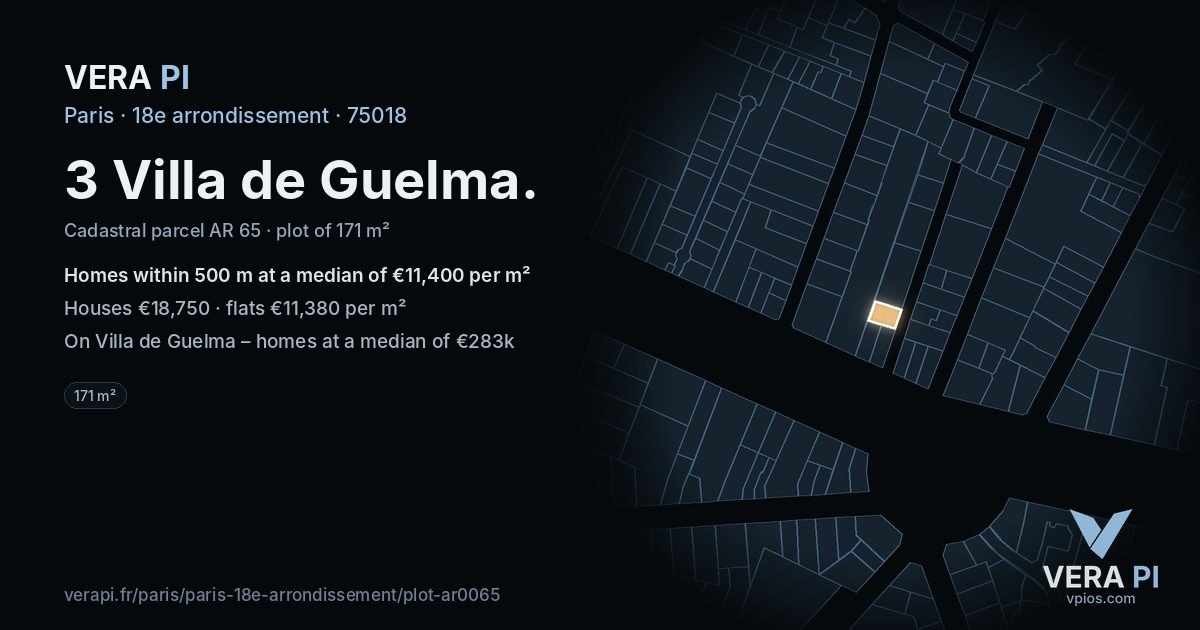 3 Villa de Guelma, 18e arrondissement at night – the plot lit, the parcels around coloured by the prices near them