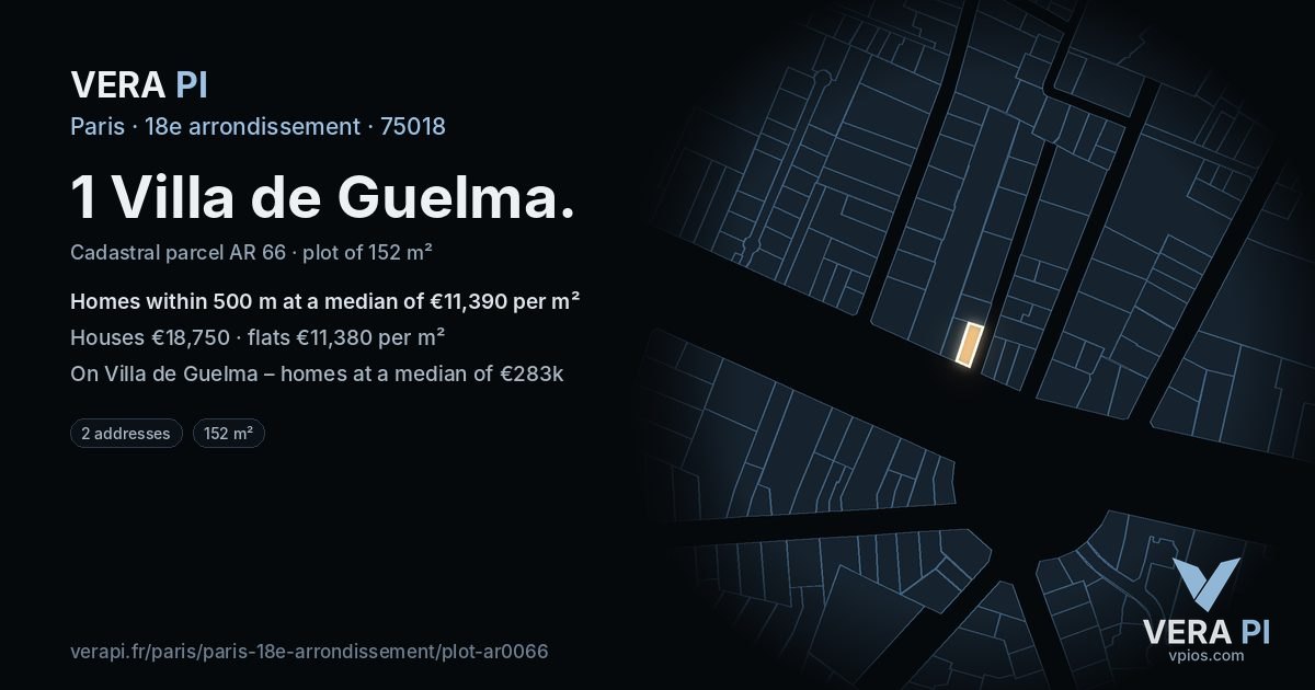 1 Villa de Guelma, 18e arrondissement at night – the plot lit, the parcels around coloured by the prices near them