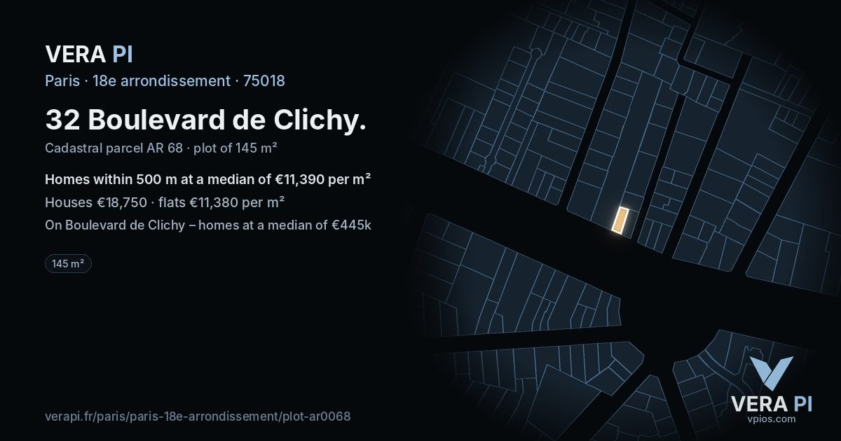 32 Boulevard de Clichy, 18e arrondissement at night – the plot lit, the parcels around coloured by the prices near them