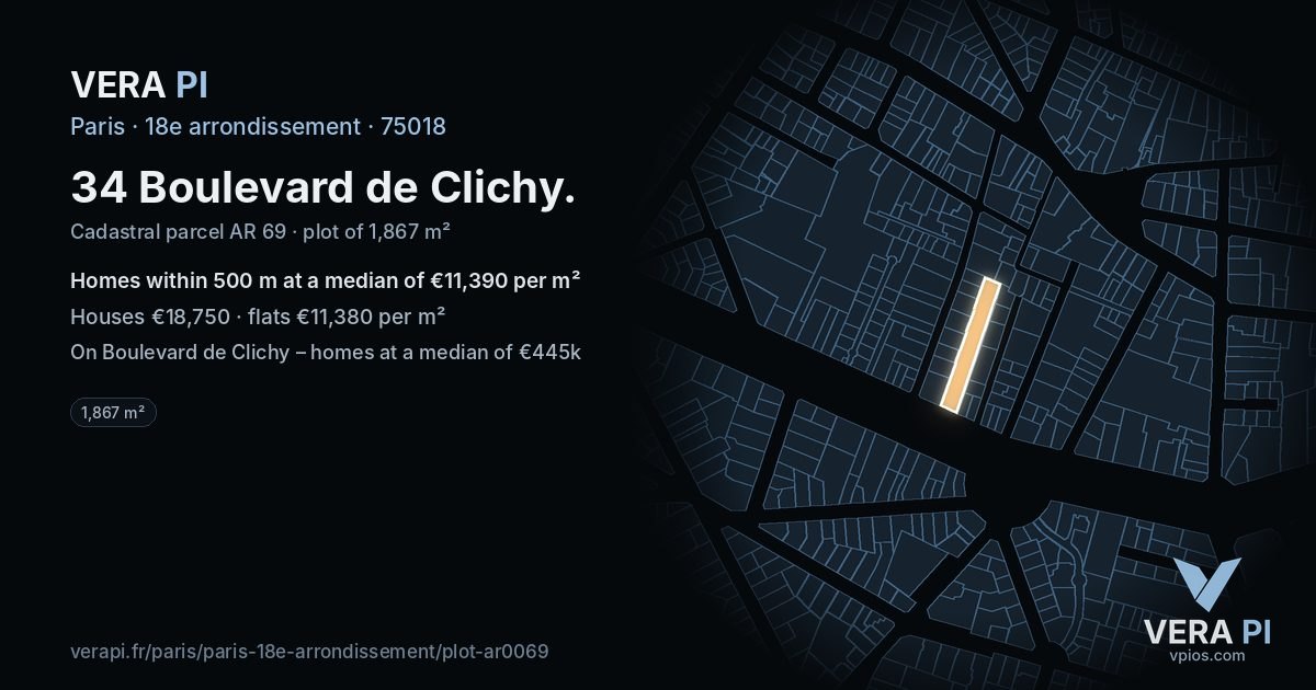 34 Boulevard de Clichy, 18e arrondissement at night – the plot lit, the parcels around coloured by the prices near them