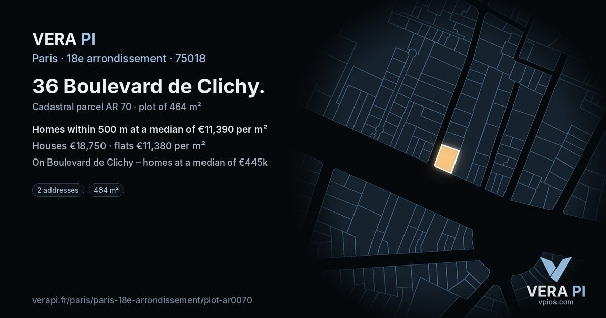 36 Boulevard de Clichy, 18e arrondissement at night – the plot lit, the parcels around coloured by the prices near them