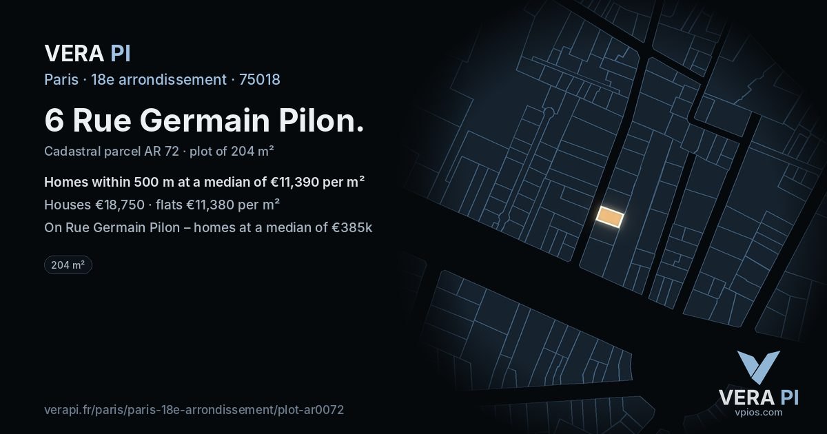 6 Rue Germain Pilon, 18e arrondissement at night – the plot lit, the parcels around coloured by the prices near them