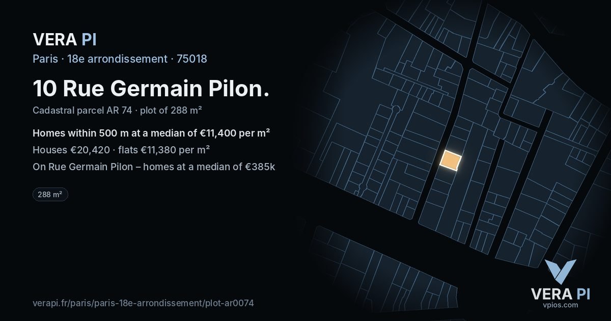 10 Rue Germain Pilon, 18e arrondissement at night – the plot lit, the parcels around coloured by the prices near them