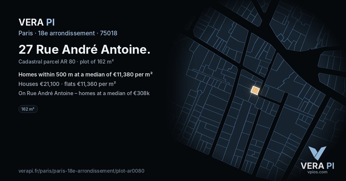 27 Rue André Antoine, 18e arrondissement at night – the plot lit, the parcels around coloured by the prices near them