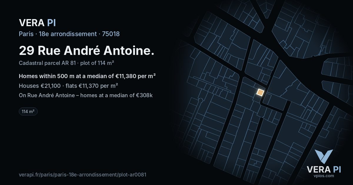29 Rue André Antoine, 18e arrondissement at night – the plot lit, the parcels around coloured by the prices near them
