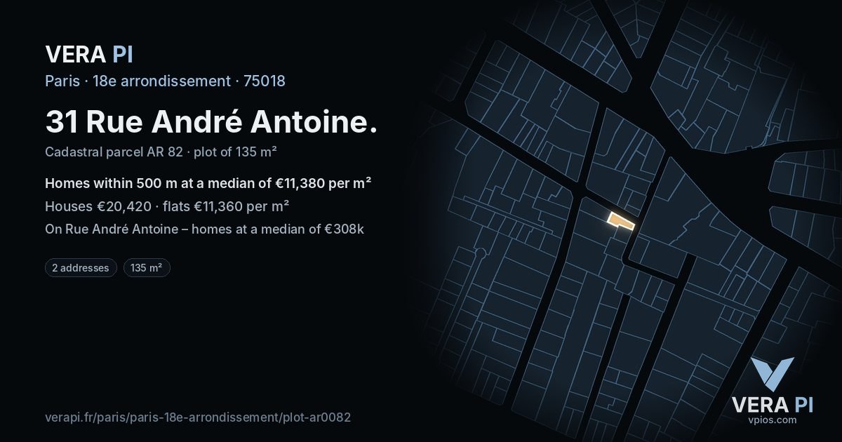 31 Rue André Antoine, 18e arrondissement at night – the plot lit, the parcels around coloured by the prices near them