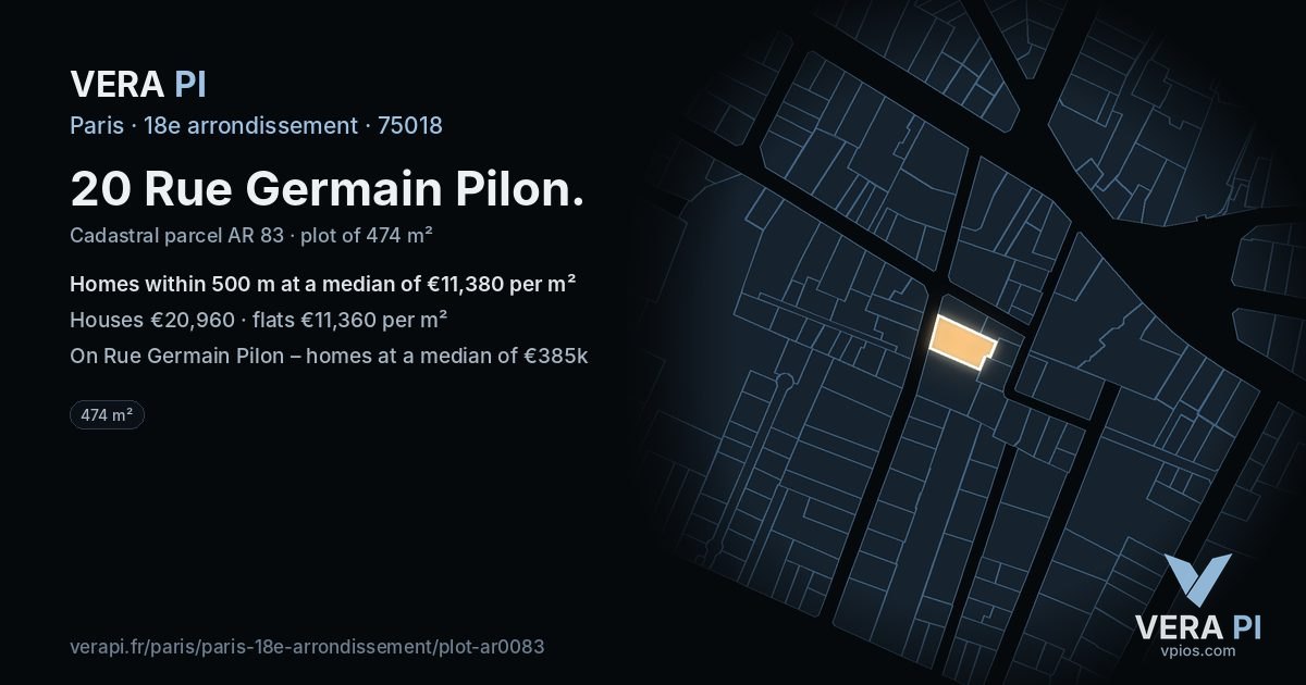 20 Rue Germain Pilon, 18e arrondissement at night – the plot lit, the parcels around coloured by the prices near them