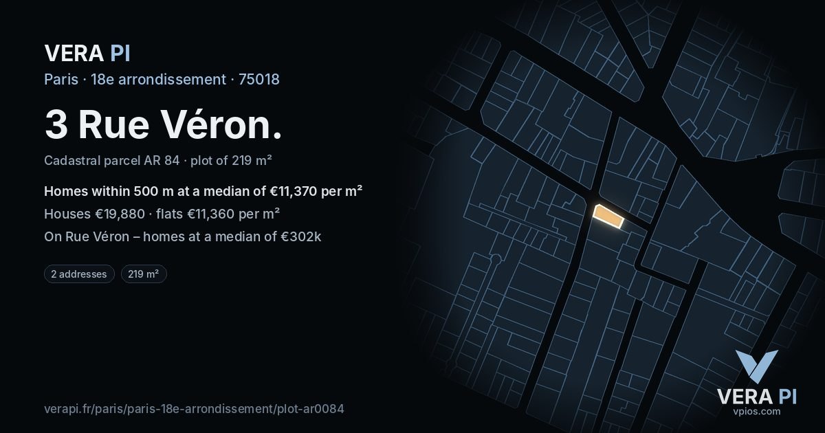 3 Rue Véron, 18e arrondissement at night – the plot lit, the parcels around coloured by the prices near them