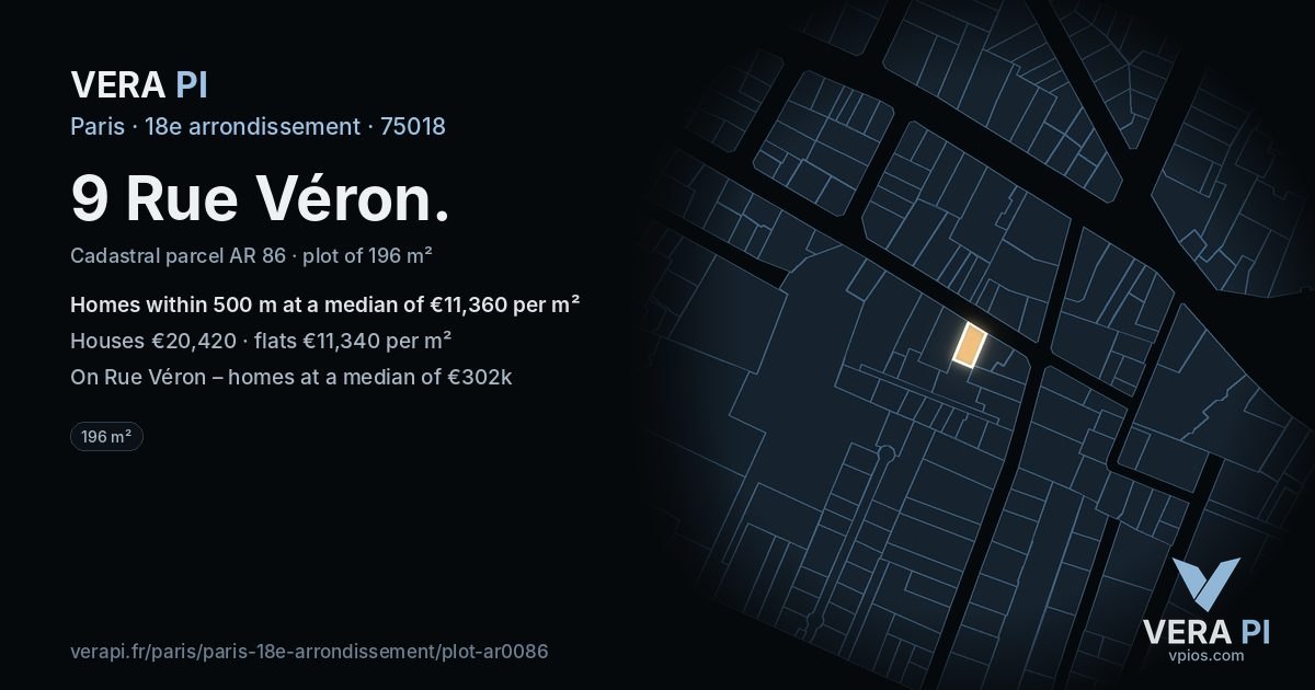 9 Rue Véron, 18e arrondissement at night – the plot lit, the parcels around coloured by the prices near them
