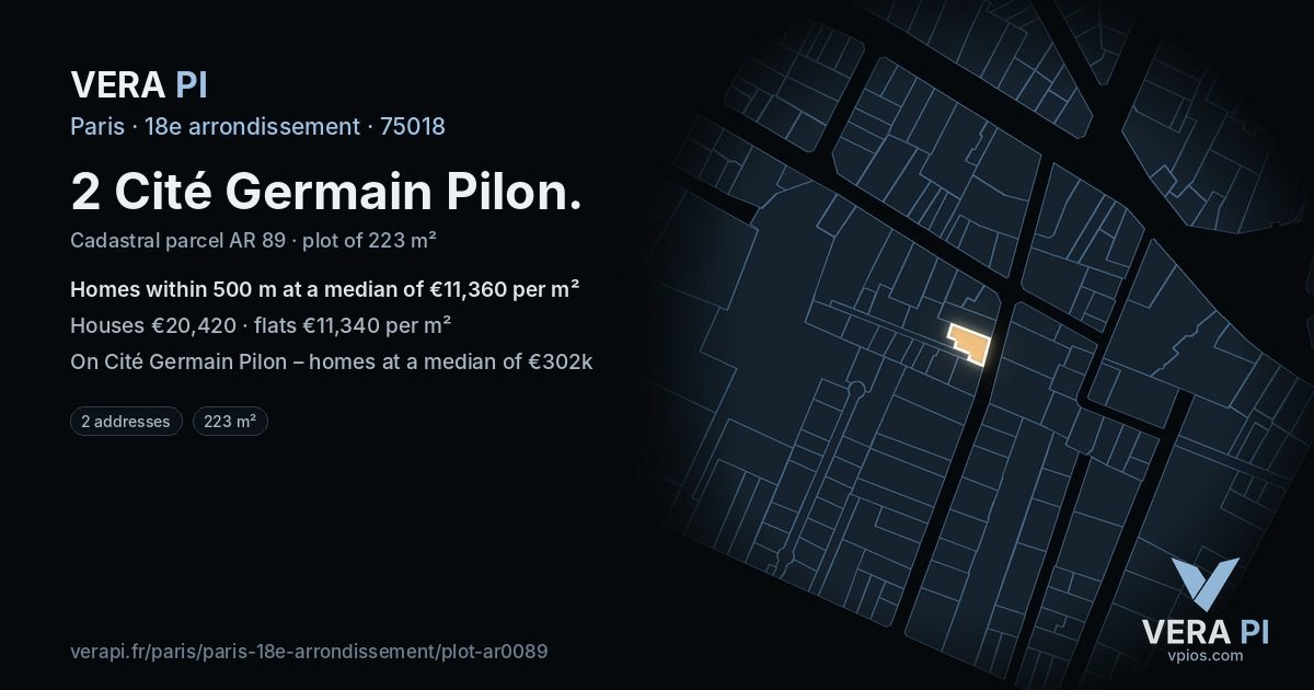 2 Cité Germain Pilon, 18e arrondissement at night – the plot lit, the parcels around coloured by the prices near them